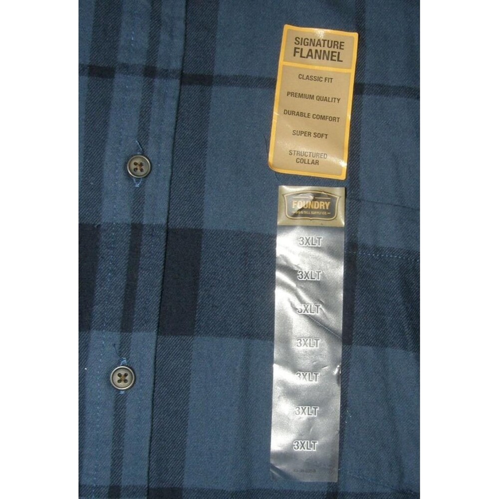 FOUNDRY Mens Sz 3XL Tall Blue Plaid Classic Fit Soft Flannel Button Up Shirt NEW - Picture 2 of 3